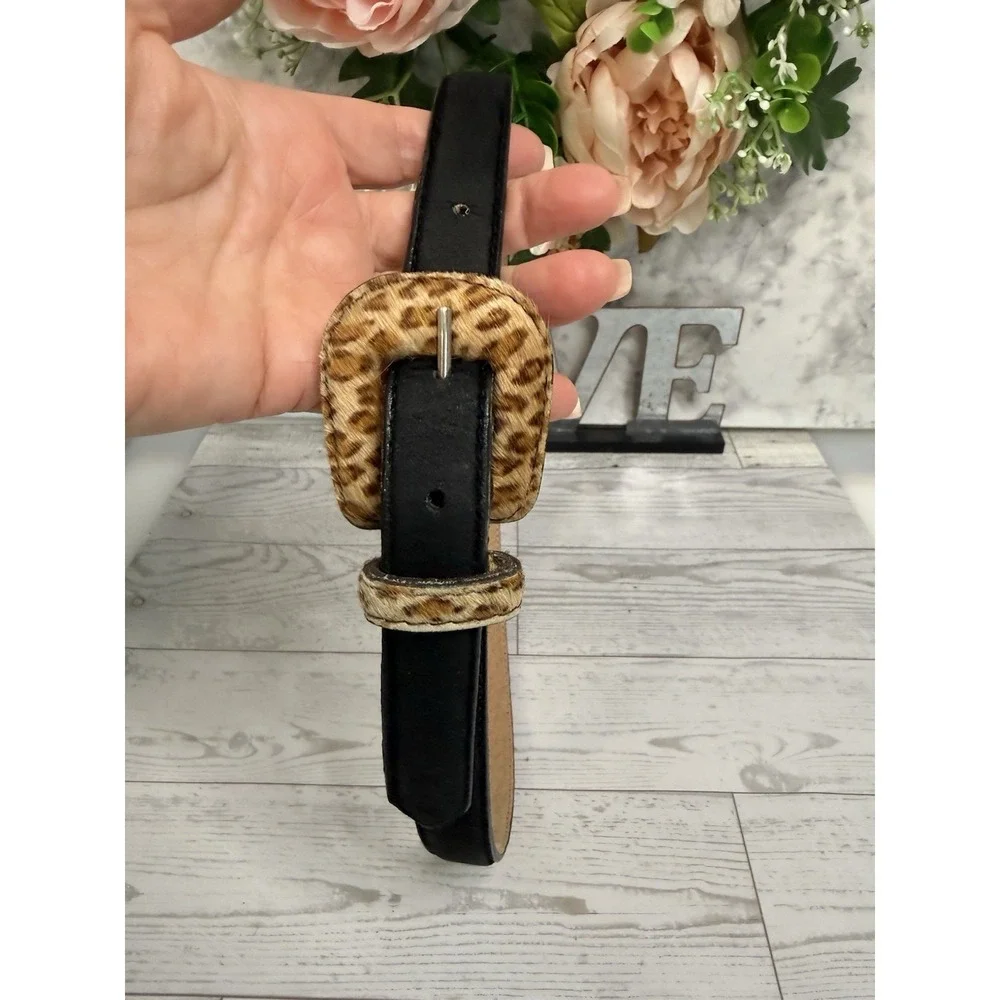 Amiee Lynn Hair On Suede Genuine Leather Animal Print Belt Black Size Medium EUC